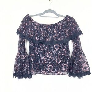 White House Black Market Metallic Floral Lace Off Shoulder Bell Sleeve Blouse